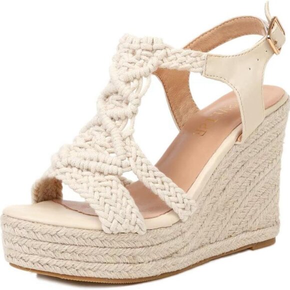 Shoes - Open Toe Woven Braided Espadrille Wedge Sandals for Women Casual Summer Shoes